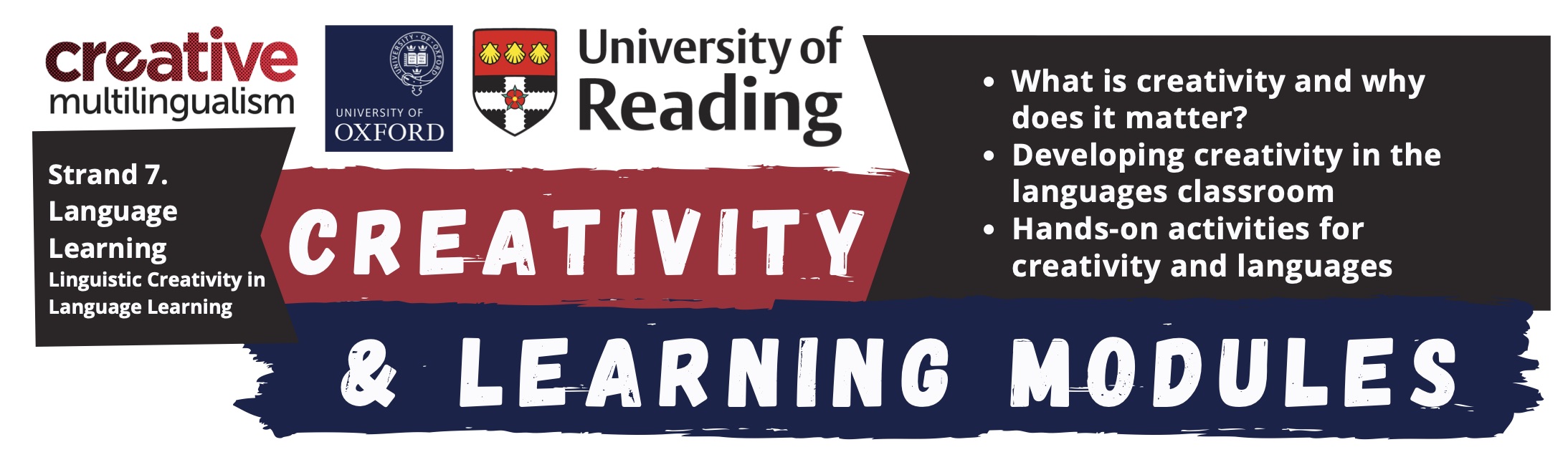 Title text with logos for Creative Multilingualism, University of Oxford, and University of Reading