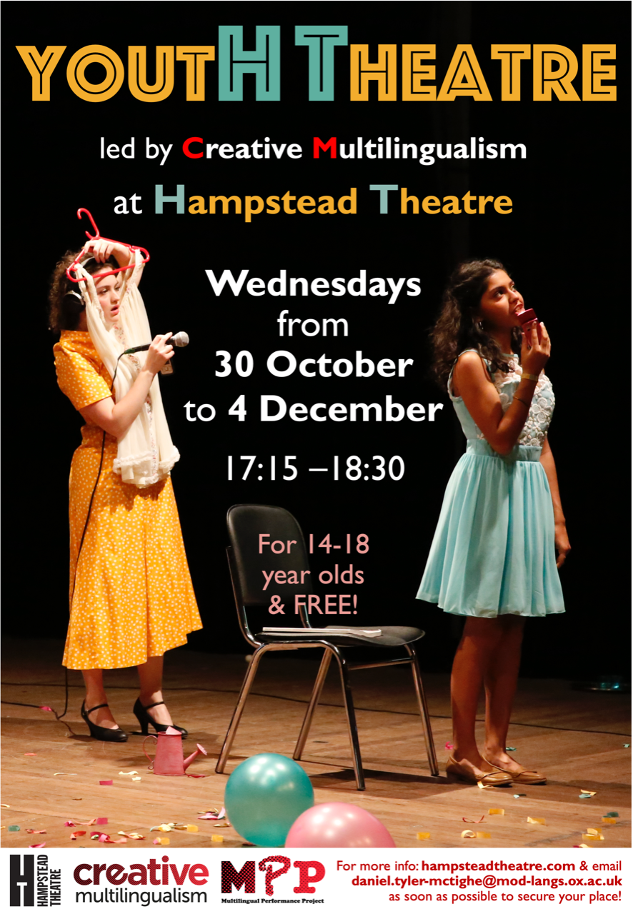 Flyer for multilingual theatre project at Hampstead Theatre